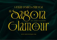 an elegant fashion show with the name sagon glamour in gold on a green background