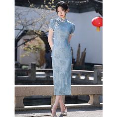 Sky Blue Cheongsam Dress - S - Female Hanfu Blue Cheongsam, Kawaii Swimsuit, Dark Academia Clothing, Anime Lingerie, Aesthetic Dark Academia, Cottagecore Fashion, Kawaii Dress, Cheongsam Dress, Maid Dress