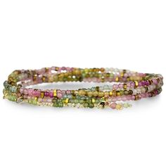 Anne Sportun 14k Watermelon Tourmaline Confetti Wrap Bracelet | Quadru - Quadrum Gallery Wrist Stack, Wrist Stacks, Gold Wire, Designer Engagement Rings, Layered Look, Spring Rings, Long Necklace, Wire Wrapped