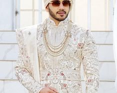 Buy Embroidered Georgette Sherwani Online in India - Etsy Sherwani Groom Wedding, Unique Mens Wedding Suits, Indo Western Sherwani, Sherwani For Men Wedding, Wedding Dresses Men Indian, Sherwani Groom, Groom Wedding Dress, Mens Sherwani, Indian Wedding Outfit