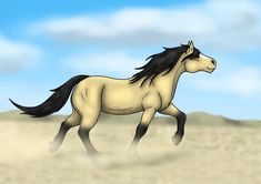 a drawing of a horse running in the desert with clouds and blue sky behind it