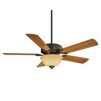 a ceiling fan with two wooden blades and a light fixture on it's side