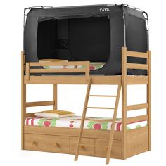 a bunk bed with a tv mounted to the top and drawers underneath it, in front of a white background