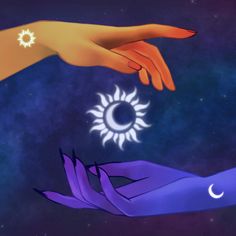 two hands touching each other with the sun and moon above them