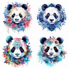 four pandas with different designs on their faces and head, all painted in watercolor