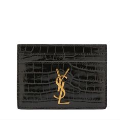 Saint Laurent Card Case In Croc-Embossed Calf Leather Signature Ysl Monogram Golden Hardware Center Slip Compartment Exterior, Four Card Slots Approx. 4.1"H X 3"W X 0.2"D Made In Italy Ysl Wallet On Chain, Ysl Wallet, Card Holder Case, Leather Card Case, Trifold Wallet, Wallet Chain, Pink Beige, Saint Laurent Bag, Classic Leather