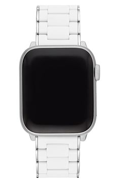 Give your Apple Watch a fresh update with this adjustable silicone strap that's framed in plated stainless steel for a gleaming finish. Apple Watch not included Fits 38/40/41mm and 42/44/45mm Apple Watch Compatible with Series 1–9 Apple Watch and Apple Watch Ultra 1 & 2 Also compatible with any Samsung Galaxy Watch® with 20mm straps Trifold clasp closure Silicone/stainless steel/goldtone plate Imported Apple Watch White, Apple Watch Silver, Apple Watch Bracelet, Interchangeable Bracelet, Apple Watch Series 8, Michele Watches, Apple Watch Bracelets, Bracelet Watches Women