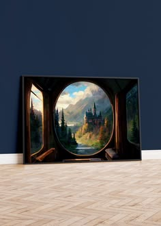 a painting on the wall of a room with a view of a castle through an open window