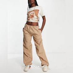 Size: Small Color: Khaki Oversized, Tapered Fit Drawstring Waistband Drawstring Ankles Low Rise Lightweight, Soft And Strong 100% Cotton Parachute Pants Outfit, Parachute Pant, Cargo Trousers, Fit N Flare Dress, Drawstring Waistband, Pants Outfit, Trousers Women, Cargo Pants, Parachute Pants