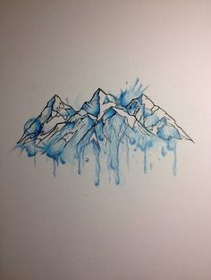 a blue ink drawing of mountains with drops of water on it's sides and the tops covered in snow