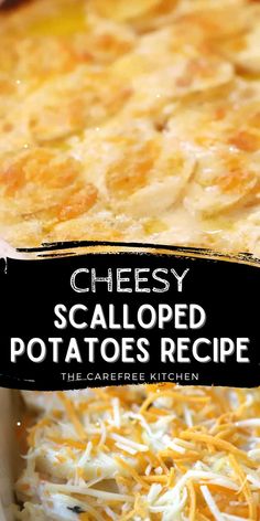 cheese scalloped potatoes recipe in a casserole dish with text overlay