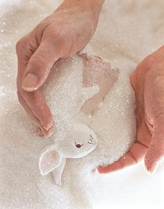 two hands are holding a stuffed animal in the foamy snow, while another hand is reaching for it