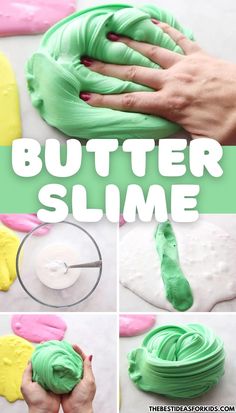 the process to make butter slime is shown with green and yellow icing on it