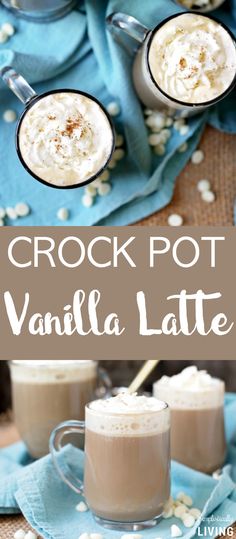 crock pot vanilla latte with whipped cream in two mugs on a blue napkin