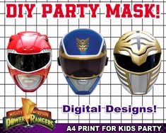 three helmets with the words diy party mask digital designs for kids to print on