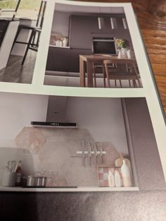 an open book with pictures of kitchen and dining room furniture in it on a wooden table