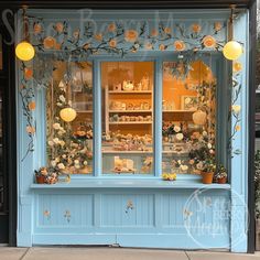 a blue store front with flowers on the window and lights hanging from it's windows