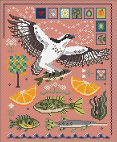 a cross stitch pattern with seagulls, fish and oranges on pink background