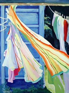 an oil painting of clothes hanging out to dry