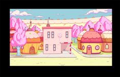 cartoon houses with trees and clouds in the background