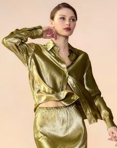 Liquid Gold Lamé Shirt 70s Metallic Fashion, Lamé Fabric, Golden Shirt, Lame Fabric, Gold Shirt, Gold Lame, Black Tank Dress, Metal Fashion, Liquid Gold