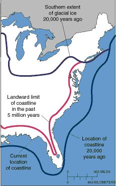 a map showing the extent of land line in the past 5 million years