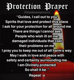 a candle with the words protection prayer written on it in front of a black background