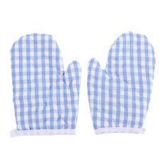 blue and white gingham oven mitts