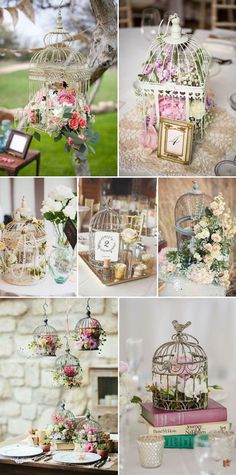 several different pictures with flowers and birdcages on top of each other, including an old