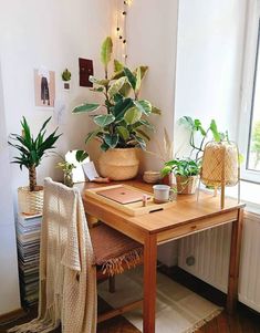 a wooden table topped with potted plants next to a window