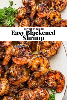 grilled shrimp on a white plate with parsley garnish and text overlay