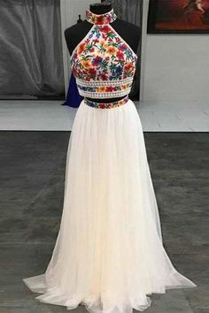 SP1842,Halter Sweet 16 Dress Two Piece Embroidery Floral Long Prom Dress · SofieProm · Online Store Powered by Storenvy Prom Dress Halter, Vestido Charro, White Prom Dress Long, Sweet 16 Dress, 16 Dress, Prom Dresses Two Piece, Mexican Dresses, Piece Prom Dress, Prom Dresses Online