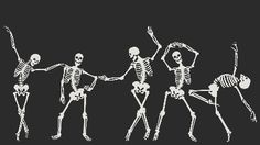 three skeletons dancing in the dark