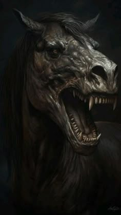 a horse with its mouth open and it's teeth wide open in the dark