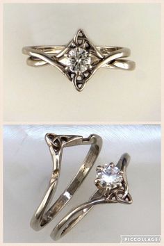 three different types of wedding rings with diamond in the center and on each side,