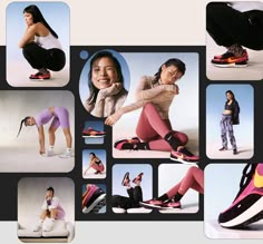 a collage of photos showing different types of women's shoes and leggings