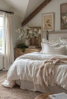 a bed with white linens and pillows in a bedroom next to an open window