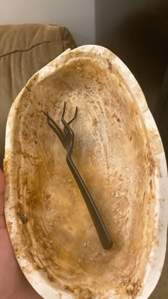 a person holding up a bowl with a metal fork in the middle and a spoon sticking out of it