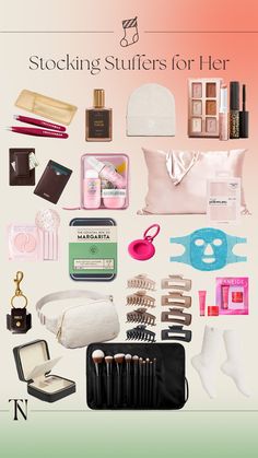 the contents of a woman's travel bag are shown in this advertisement, including makeup and other personal care items