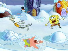 spongebob and friends playing in the snow with an iceman on his back