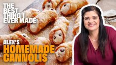 a woman standing in front of some food on a wooden table with the words alex's homemade cannolis