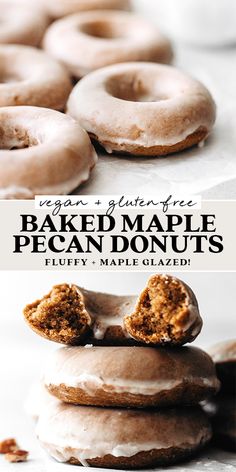 an image of baked maple pecan donuts stacked on top of each other with text overlay