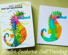 two colorful seahorse paintings on white paper with text overlay that reads, mister seahorse salt painting