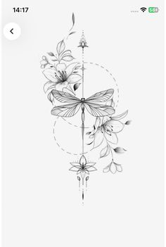 a black and white drawing of flowers with a dragon on the top of it's wings