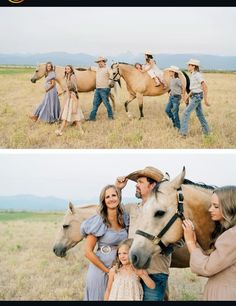 a family with two horses in the middle of an open field and one is holding their daughter's hand