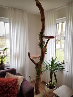 a living room filled with furniture and a tall wooden tree in the middle of it