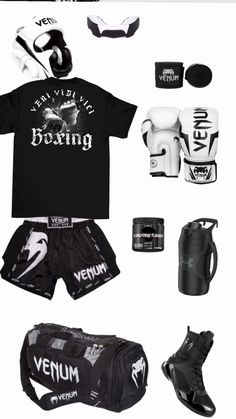 an assortment of sports gear including boxing gloves, shorts and t - shirt are shown