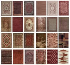 many different rugs are arranged in rows and colors, including red, brown, beige,