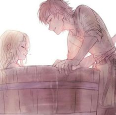 an image of two people in the bathtub with their hands on each other's head