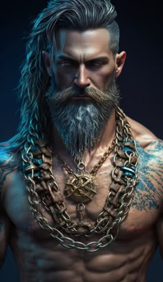 an image of a man with chains around his neck and chest, wearing a beard